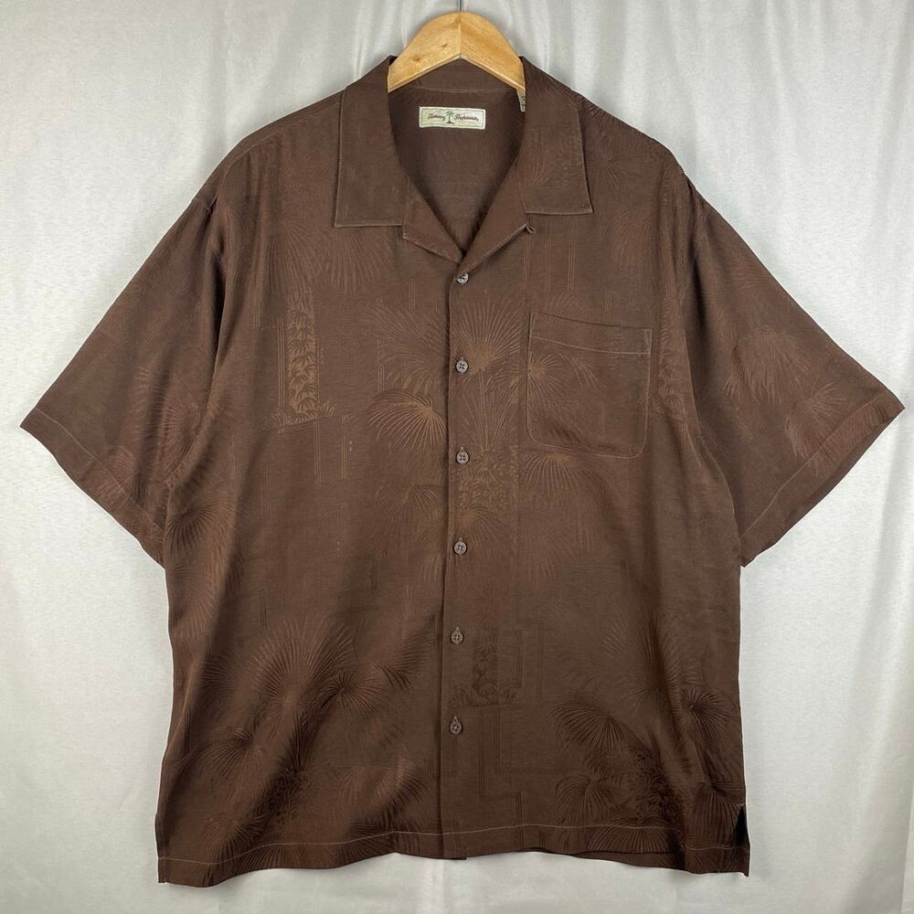 Tommy Bahama Brown Silk Palm Tree Print Button Up Camp Shirt Men’s sz XL Casual